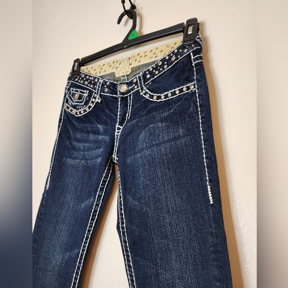 LA Idol Vintage Rhinestone Jeans Horse Shoe Pocket Long Womens Jeans - Picture 3 of 14